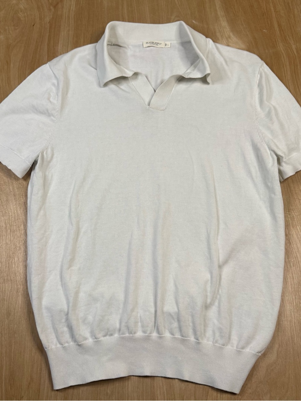 Suitsupply Mens White Cotton Silk Knit Solid Short Sleeve Polo Shirt Size Large.